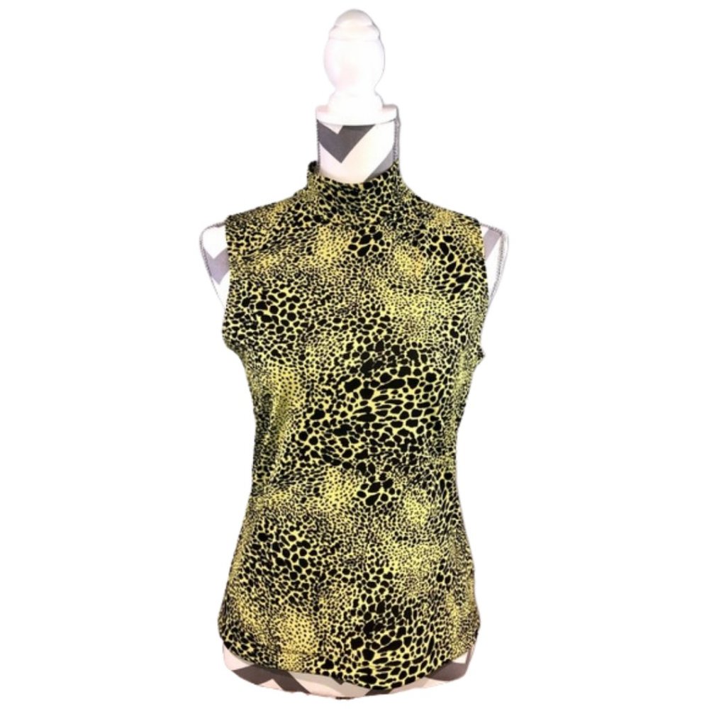 Nicole Miller Greenish Yellow and Black Leopard Print Top